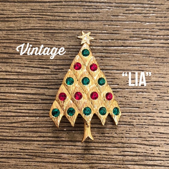 Vintage Jewelry - Vtg. LIA Red Green Rhinestone Christmas Tree Pin